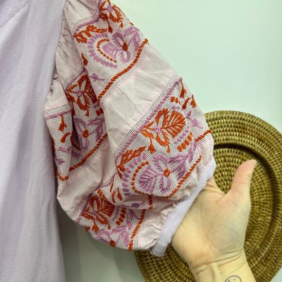 Free People Purple Boho Bohemian Embroidered Short Puff Sleeve Top Small - Picture 5 of 7